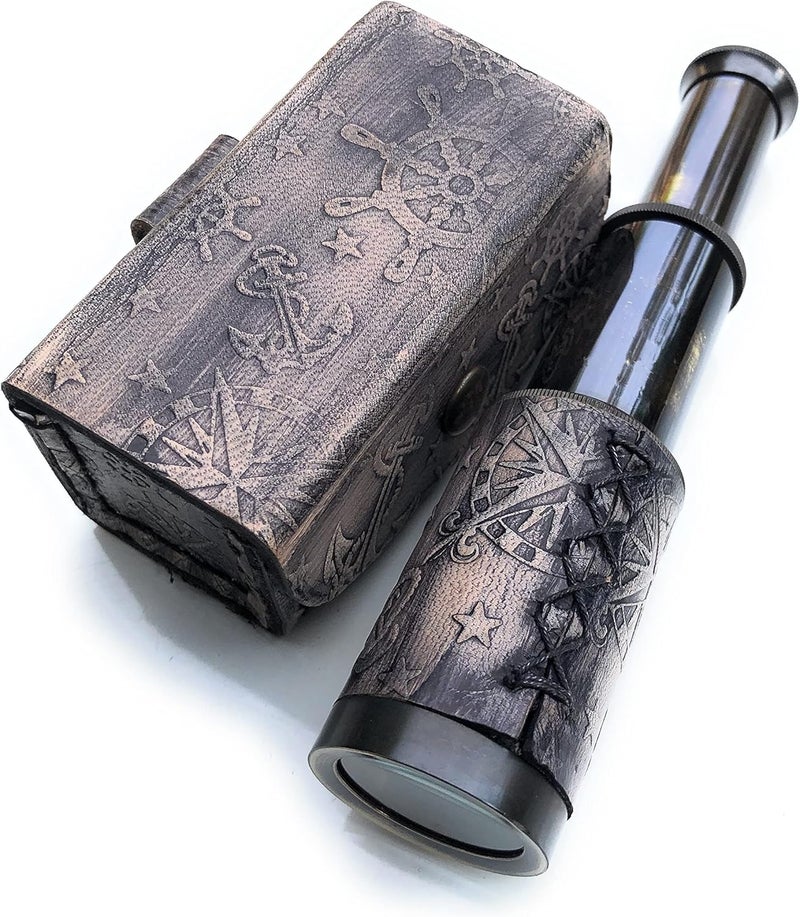 RedSkyTrader 6" Brass Handheld Telescope Nautical Pirate Spyglass with Box Decorative Telescope - Image 1